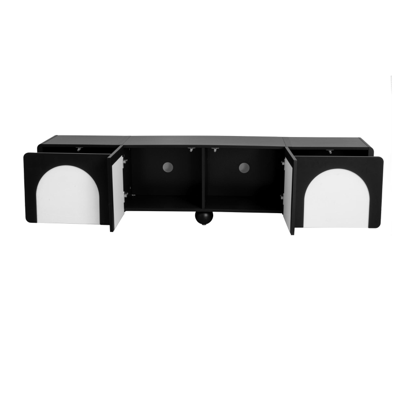 Meuble TV avec 2 tiroirs et 2 portes, pieds ronds ,180X38X45 cm, Noir+Blanc