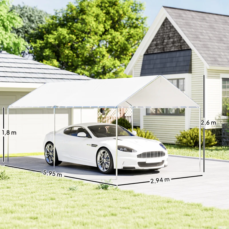 Outsunny Carpa Garaje para Coche 3x6 m Cochera Portátil Impermeable con Toldo de Tela PE y Marco de Acero Galvanizado Blanco
