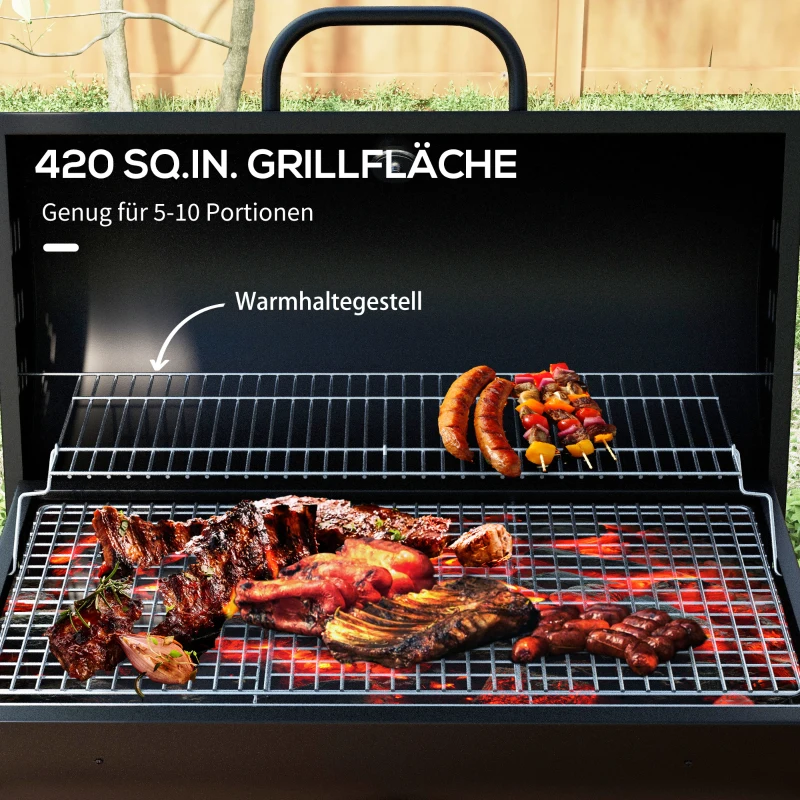 Outsunny Metalen Houtskoolbarbecue BBQ Smoker met Deksel Thermometer Wielen Grillwagen 95x71,5x102 cm Zwart