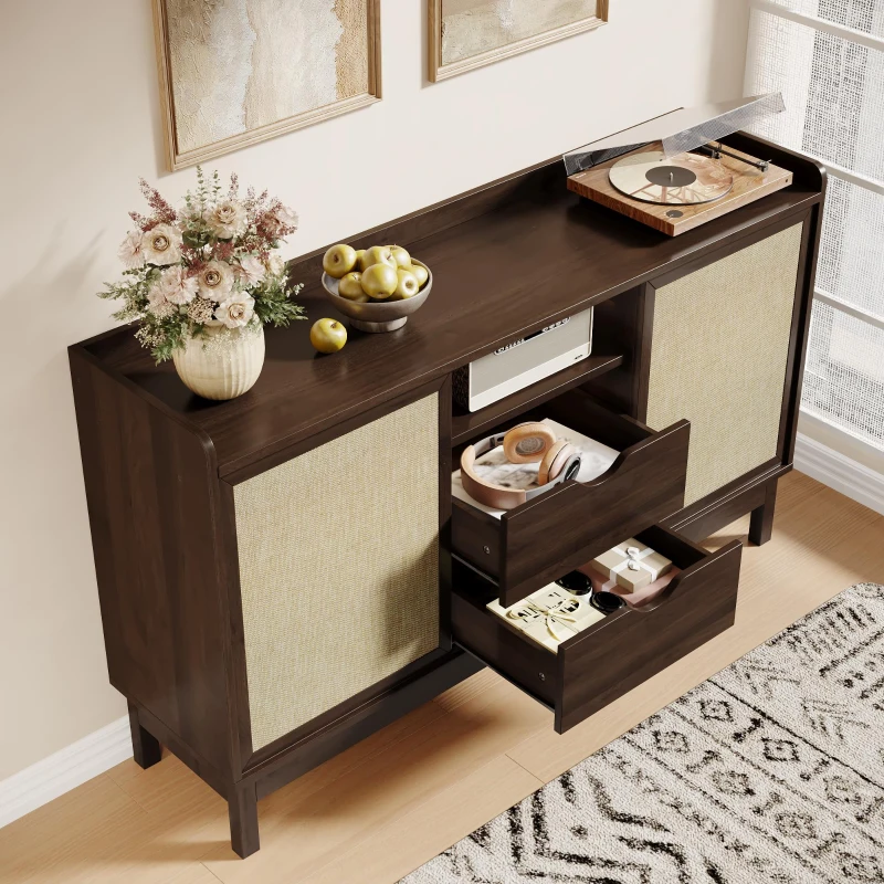 Buffet bas avec portes coulissantes et tiroirs, effet color-block, tablettes réglables, 150x39,5x80 cm, Couleur naturelle