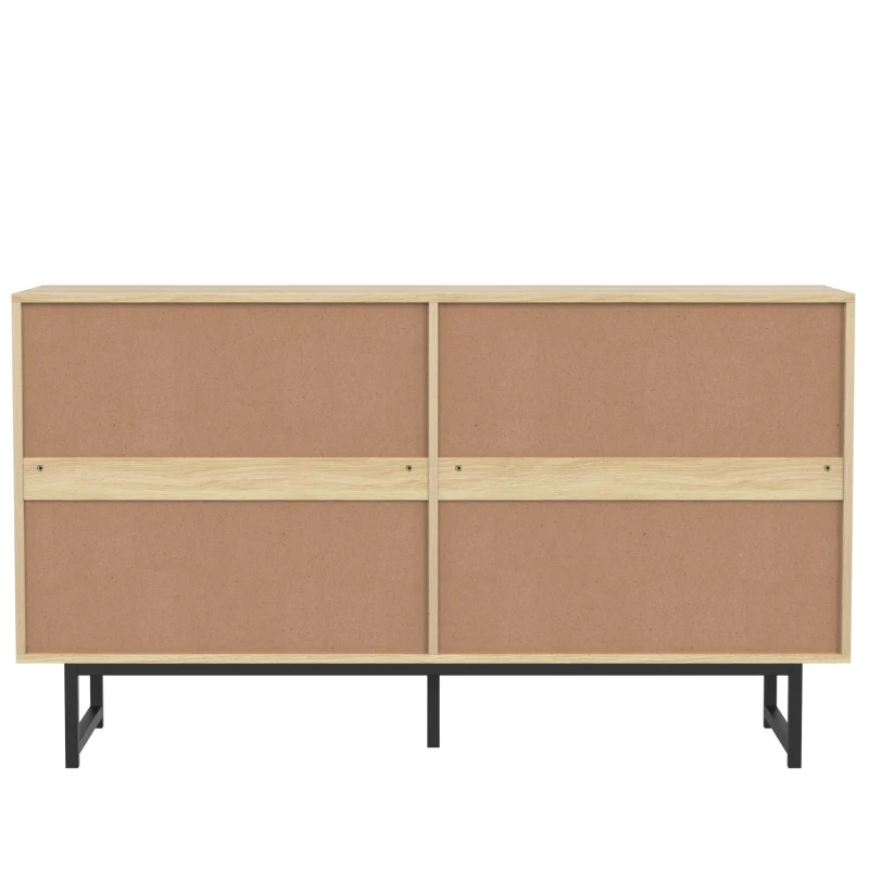 Buffet avec tressage en rotin, 4 portes, étagères réglables, pieds en métal, 140x39,5x80 cm, Couleur naturelle