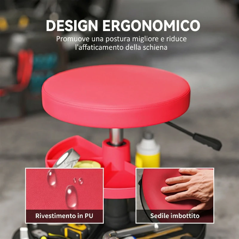HOMCOM Sgabello da Officina con Ruote da 6 cm, Capacità fino a 135 kg, Altezza Regolabile 40-51 cm, con Vassoi Porta Utensili, Rosso