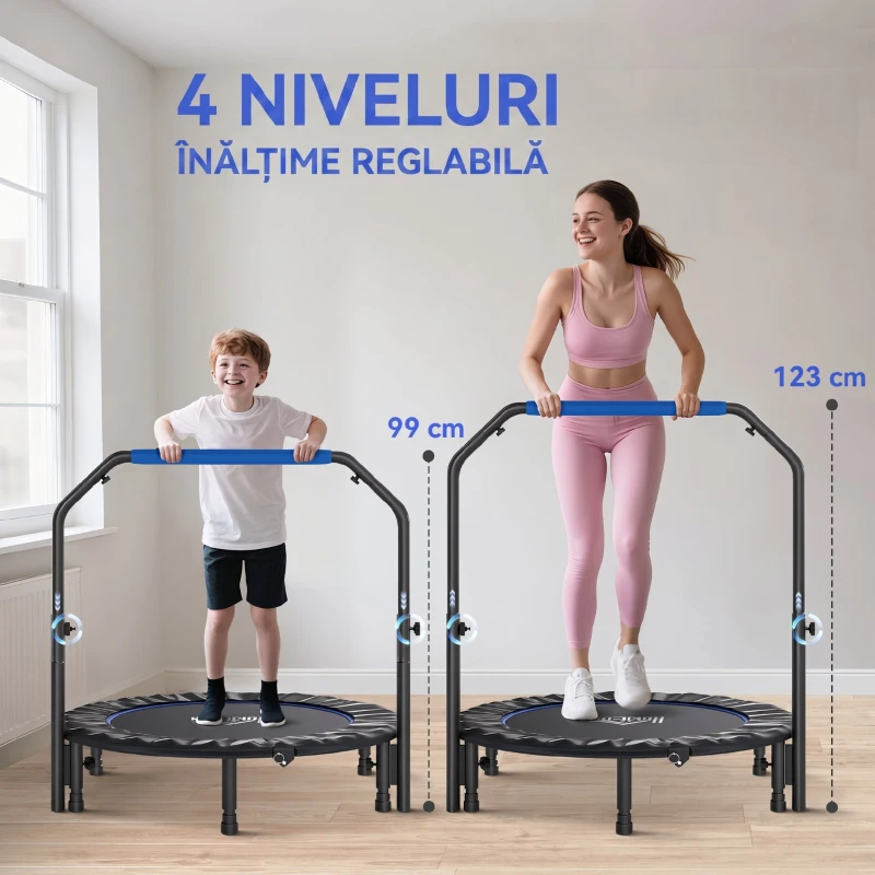 HOMCOM Trambulină Mini Fitness Pliabilă 45", cu Mâner Reglabil din Spumă, Albastru