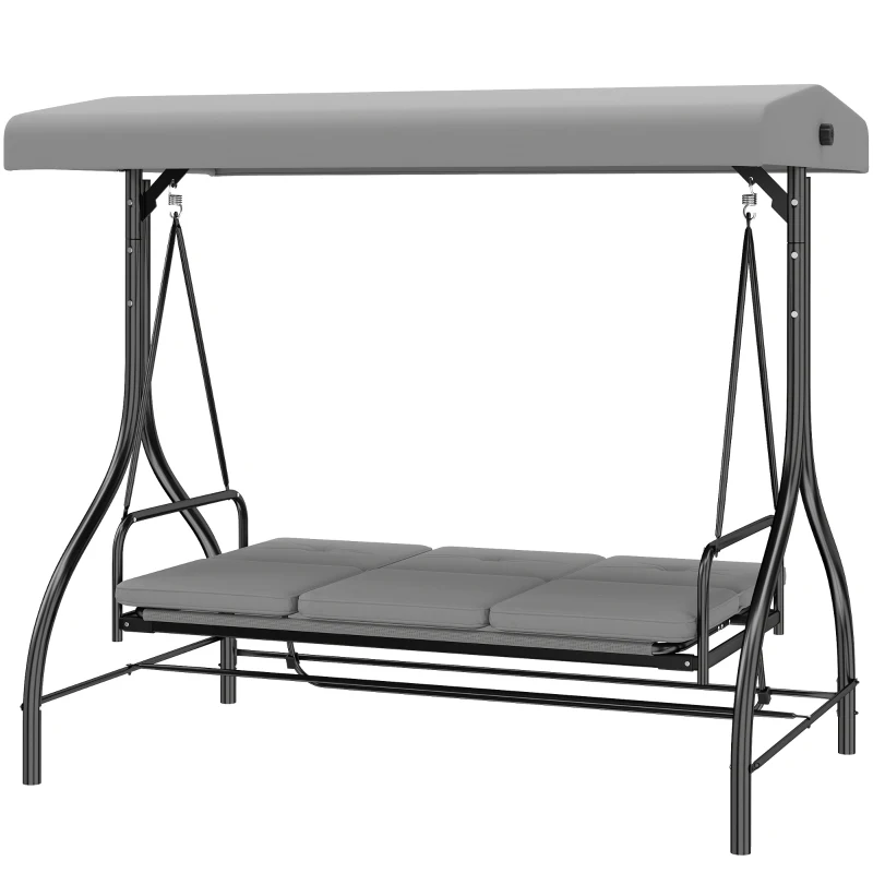 Outsunny 3 Seater Canopy Swing Chair, 2 in 1 Garden Swing Seat Bed, with Adjustable Canopy and Metal Frame, Light Grey