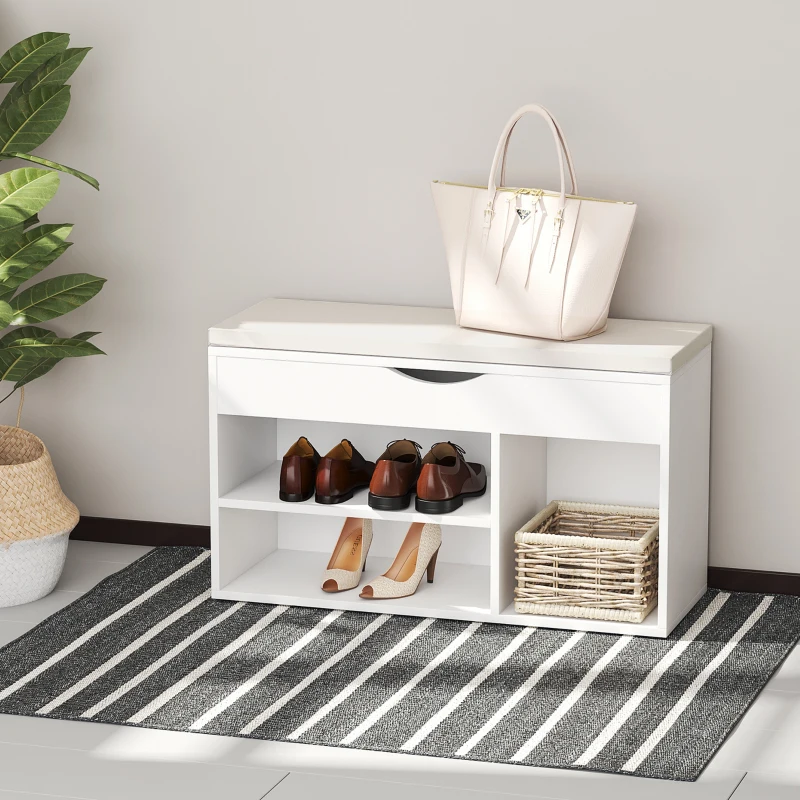HOMCOM Banc à chaussures, meuble range-chaussures gain de place avec siège rembourré basculant pour l'entrée en bois, 80x30x47cm, Blanc