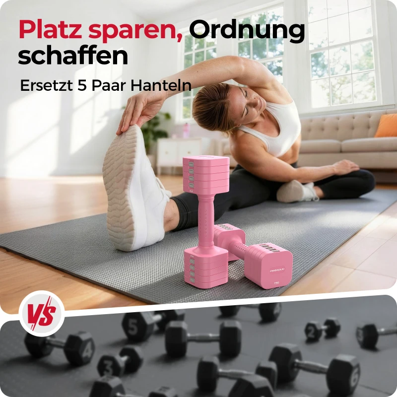 5‑in‑1 verstellbares Kurzhantelset (2 Stück), Dual‑Lock, weicher TPU‑Griff, 29.5x24.5x13 cm, Rosa
