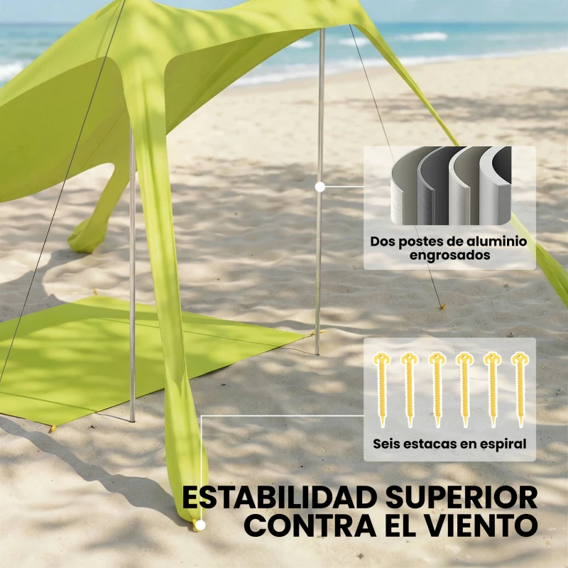 Outsunny Carpa Playa Plegable con Esterilla UPF50+ Postes de Aluminio Pala Estacas y Bolsa de Transporte Verde
