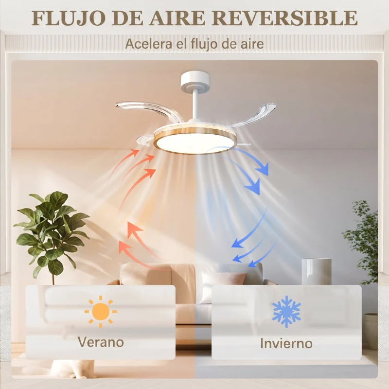 HOMCOM Ventilador de Techo con Luz LED 80 W Motor DC Reversible Mando a Distancia 6 Velocidades Temporizador Ø95 cm Natural