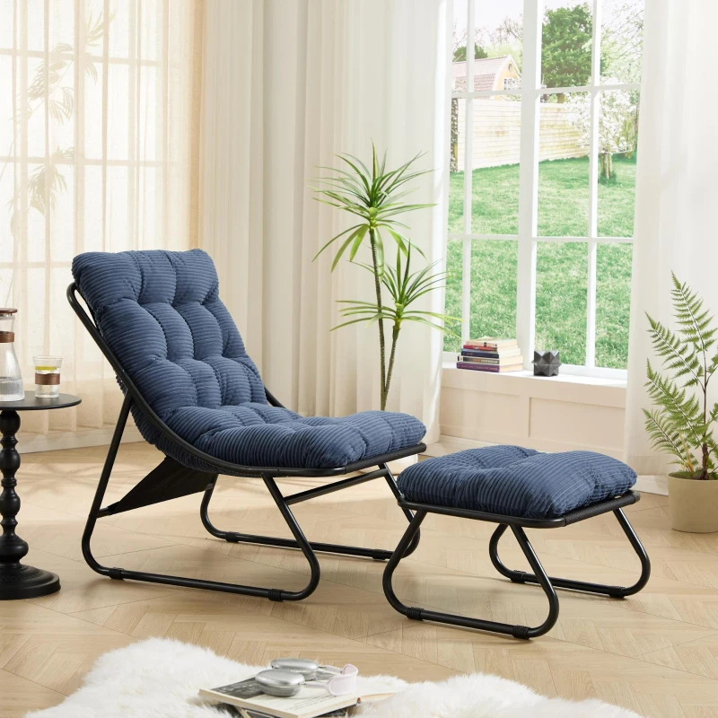 Fauteuil lounge d'extérieur avec pouf, coussin rembourré, tissu sling, structure en acier, Bleu marine