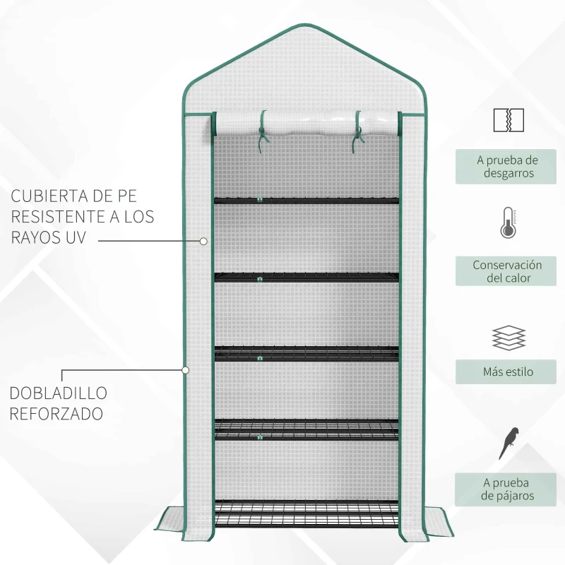 Outsunny Invernadero Resistente de 5 Niveles con 1 Puerta con Cremallera Anti-UV Diseño Ensanchado y Estantes 90x49x193 cm Blanco