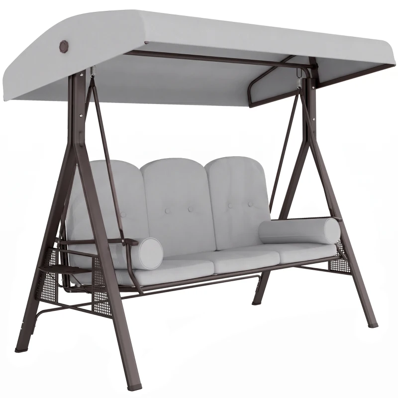 Outsunny 3 Seater Canopy Swing Chair, Outdoor Garden Swing Seat with Adjustable Canopy, Cushions and Cup Trays, Steel Frame, Light Grey