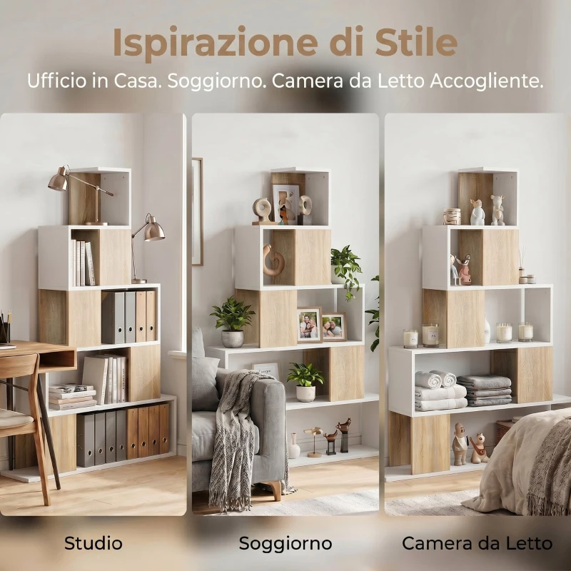 HOMCOM Libreria Moderna a 5 Ripiani con Design a Gradini, 120x22x131.5 cm, Bianco e Legno