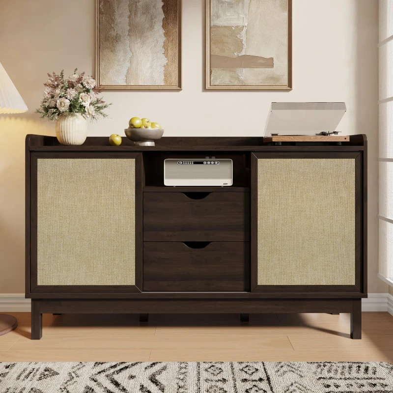 Buffet bas avec portes coulissantes et tiroirs, effet color-block, tablettes réglables, 150x39,5x80 cm, Couleur naturelle