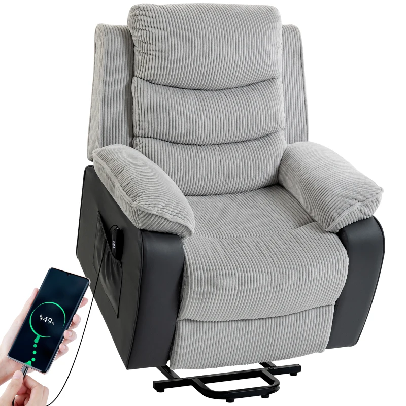 HOMCOM Overstuffed Corduroy Electric Lift Recliner Chair - Light Grey