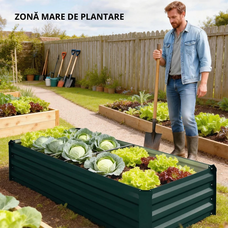 Outsunny Ghiveci dreptunghiular pentru grădină din oțel galvanizat margine de siguranță și fund deschis 150x70x30cm verde