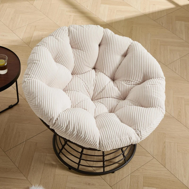 Fauteuil Papasan, pivotant à 360°, coussin épais(velours côtelé), cadre en acier, 92x92x67 cm, Blanc