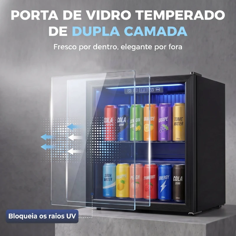HOMCOM Frigorífico de Bebidas 50 L com Porta de Vidro Duplo Iluminação LED Prateleira Ajustável para 48 Latas