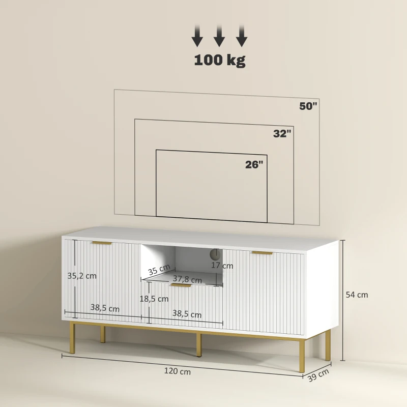 HOMCOM Meuble TV, meuble télé pour 50 pouces avec 2 portes à fermeture douce, tiroir et compartiment ouvert, 120x39x54cm, blanc