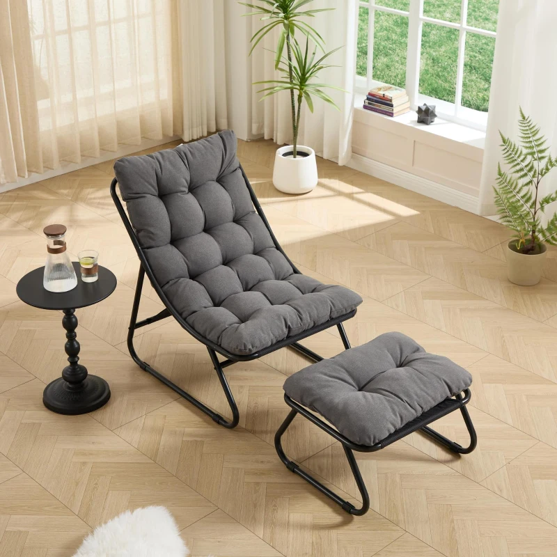 Fauteuil lounge d'extérieur avec pouf, coussin rembourré, tissu sling, structure en acier, Gris