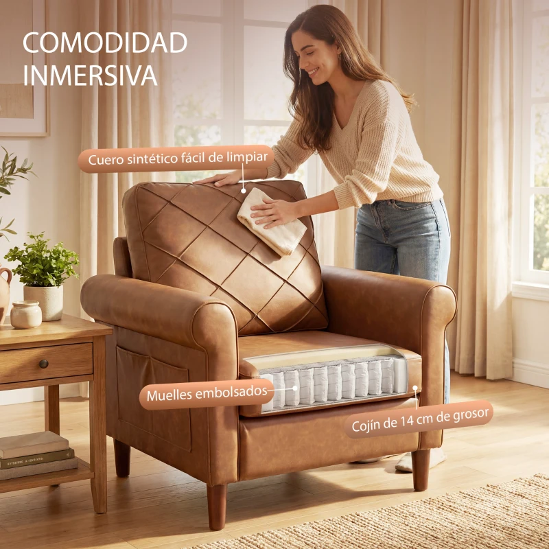 HOMCOM Sofá Individual Tapizado en PU Cojín Grueso Respaldo con Costuras Patas de Madera Maciza Marrón