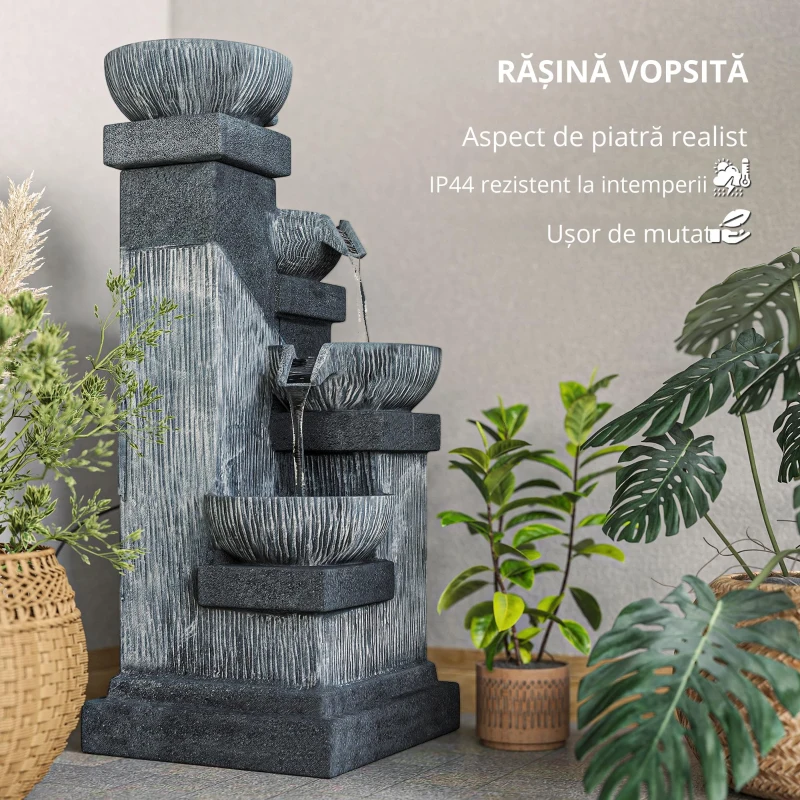 Outsunny Fântână de grădină în cascadă, energie solară, fântână de apă 4 niveluri cu lumini LED, rășină, 38 x 36 x 85 cm, gri