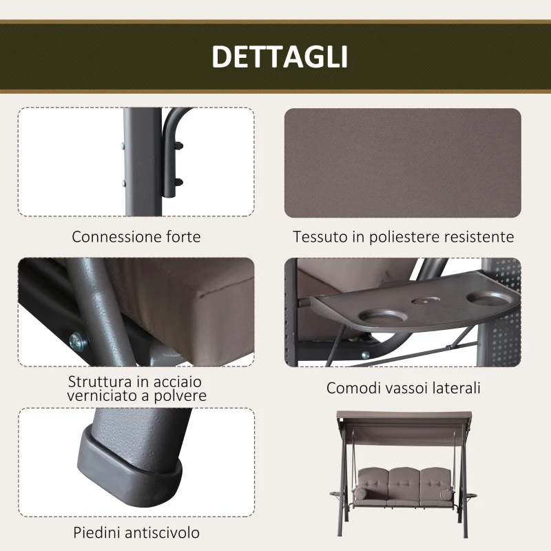 Outsunny Dondolo da Giardino 3 Posti con Tetto Regolabile, Portabicchieri e Cuscini, 208x121x172 cm, Marrone