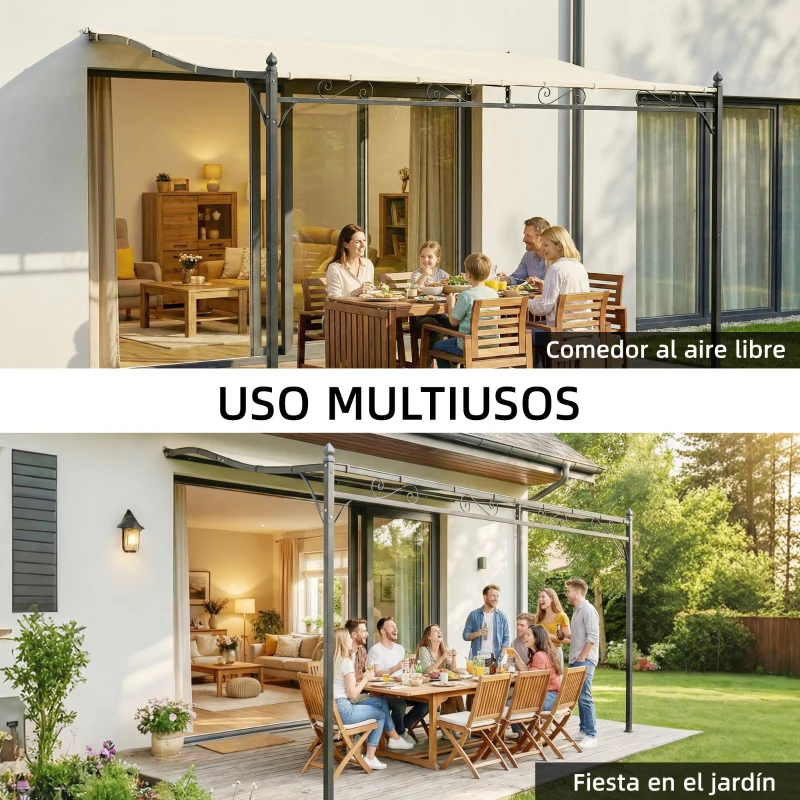 Outsunny Pérgola de Pared 2,5x3,5 m con Techo Inclinado Orificios de Drenaje y Estructura Metálica Blanco Crema