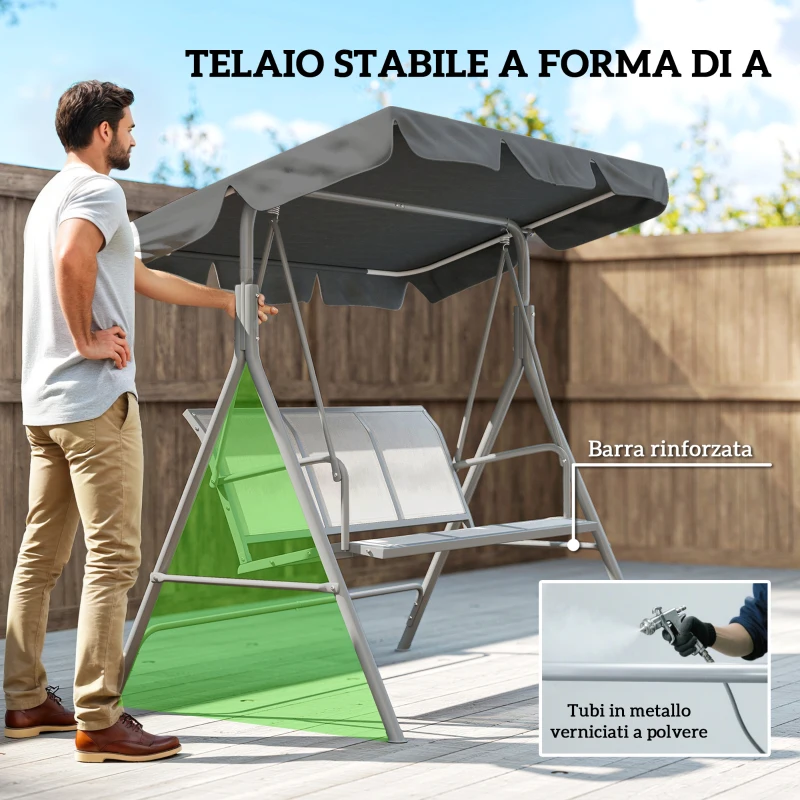 Outsunny Dondolo da Giardino a 3 Posti in Metallo con Tetto Parasole Rimovibile, 171x108x154 cm, Grigio scuro