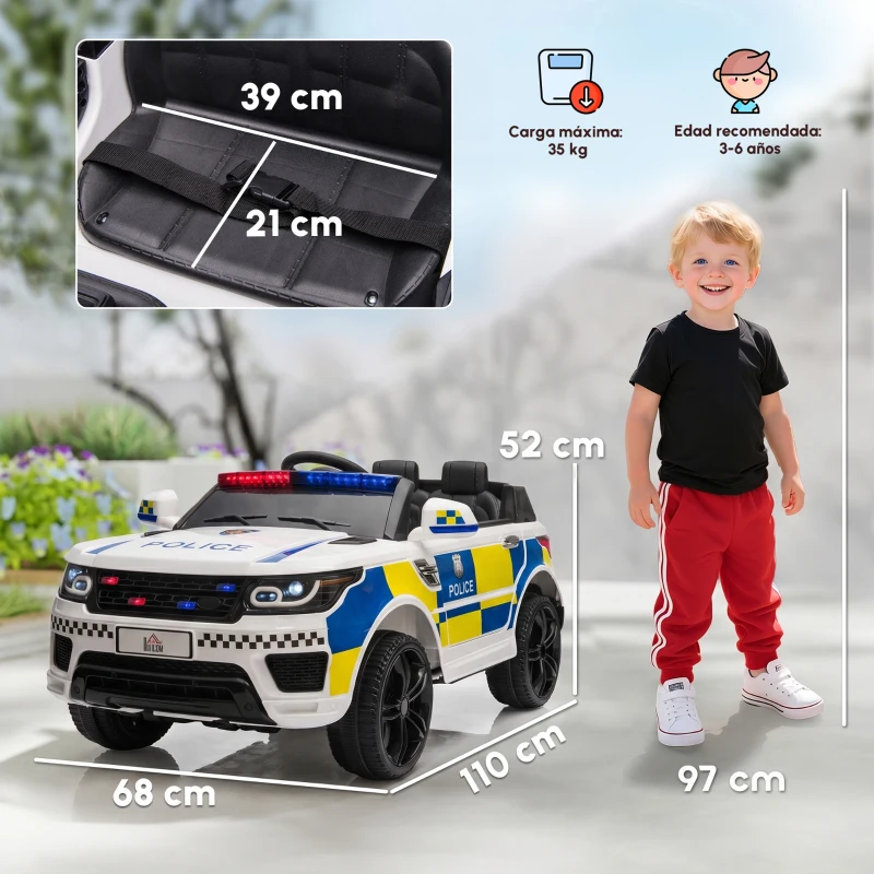 HOMCOM Coche Eléctrico Infantil de Policía Coche de Batería 12V con Mando a Distancia Bluetooth Luz USB Sirena Blanco