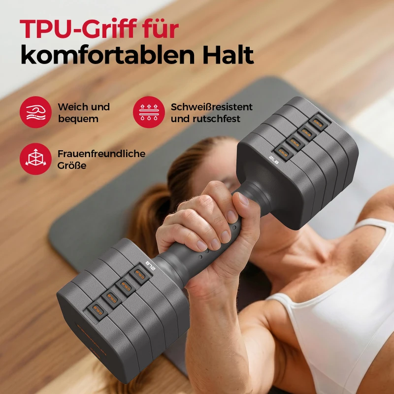 5‑in‑1 verstellbares Kurzhantelset (2 Stück), Dual‑Lock, weicher TPU‑Griff, 29.5x24.5x13 cm, Grau