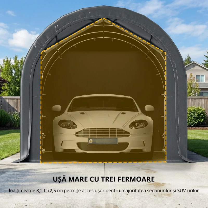 Outsunny Garaj Exterior pentru Mașină 3x6 m Impermeabil cu Țesătură PE Rezistentă Cadru din Metal Galvanizat UPF 30+ Gri Închis
