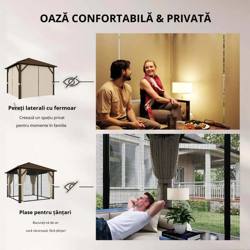 Outsunny Pavilion de grădină aprox. 3 x 3 m pavilion din aluminiu cu acoperiș din oțel Hardtop plasă anti-țânțari 4 părți, UPF50+