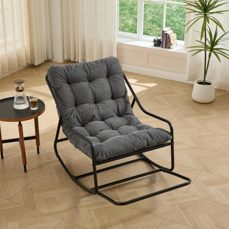 Fauteuil à bascule d'extérieur avec coussin de confort, pour salon, chambre, coin lecture, 75x116x82 cm, Gris