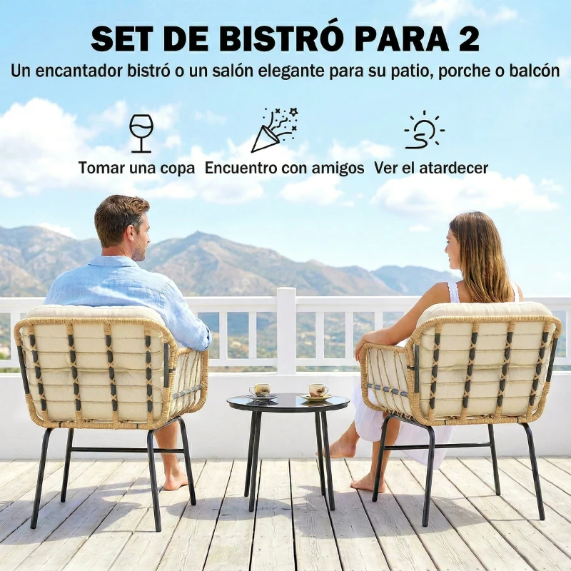 Outsunny Conjunto de Jardín Exterior de 3 Piezas de Ratán PE 2 Sillas con Cojines Suaves y Mesa de Vidrio Templado Caqui