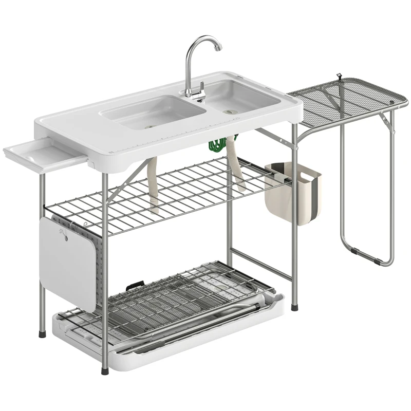 Outsunny Mesa de Limpieza de Pescado Plegable Portátil con 2 Fregaderos Grifo Manguera Estante Lateral Cesta y Ranuras Blanco