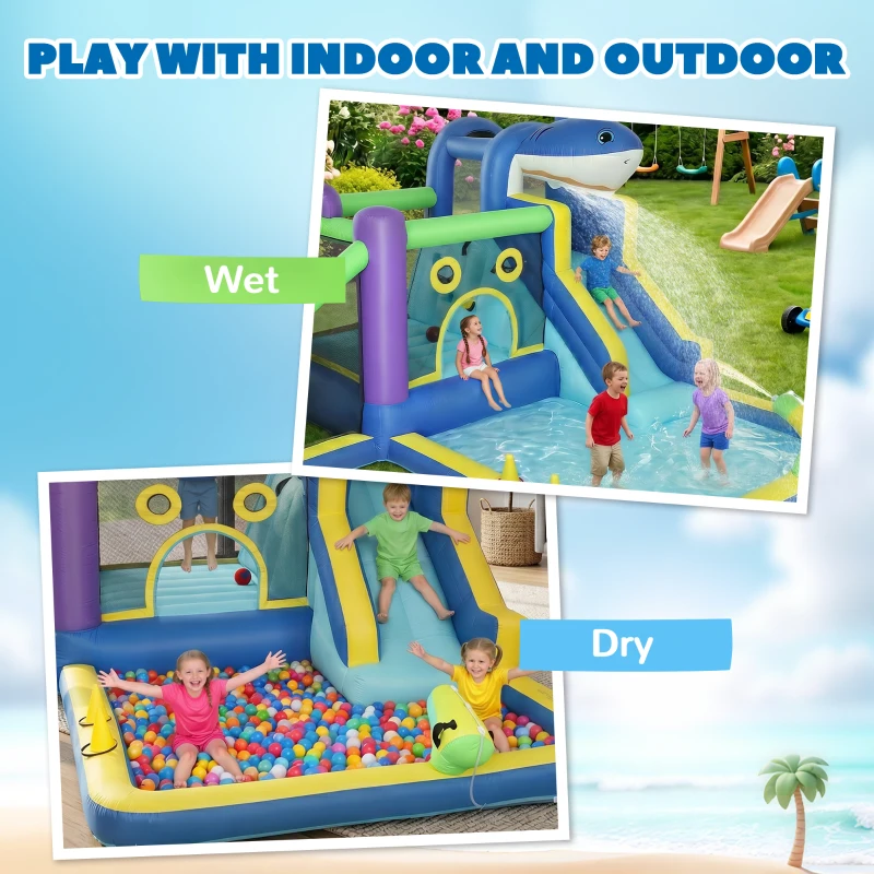 AIYAPLAY Gonfiabile Tema Squali con Scivolo, Piscina/Piscina Palline per Divertimento Bambini all'Aperto