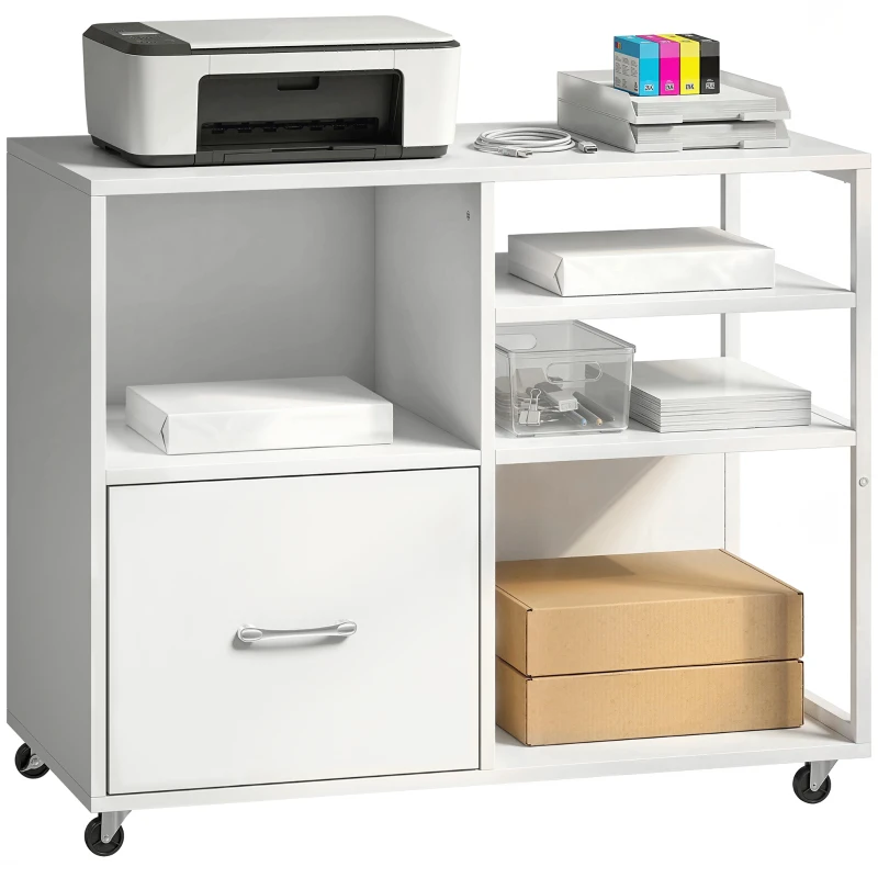 HOMCOM Mueble para Impresora con Ruedas Mesa para Impresora con Estantes Abiertos y Cajón para Documentos Tamaño A4 Blanco
