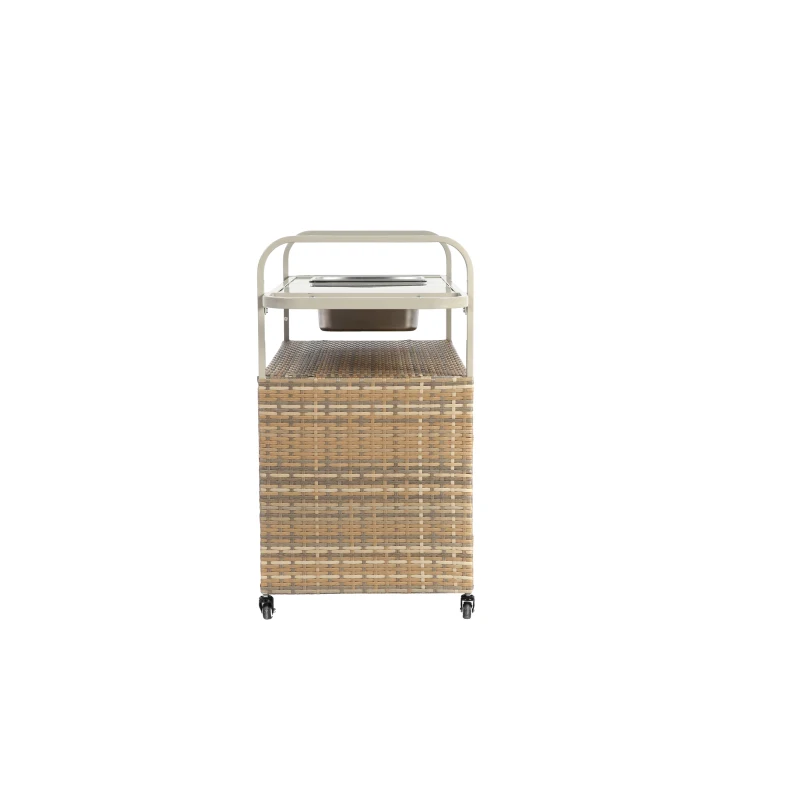 Bar roulant d'extérieur avec bac à glaçons, roulettes verrouillables, pour jardin, bord de piscine et arrière-cour, 131x50x91 cm, Beige