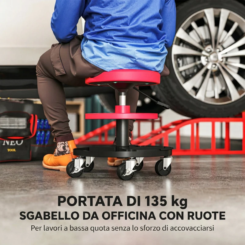 HOMCOM Sgabello da Officina con Ruote da 6 cm, Capacità fino a 135 kg, Altezza Regolabile 40-51 cm, con Vassoi Porta Utensili, Rosso