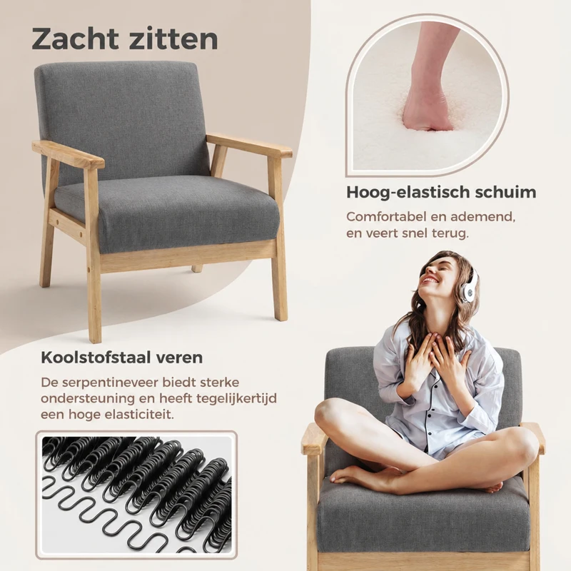 HOMCOM Fauteuil comfortabel groot formaat met kussens, 64B x 70T x 72H cm, Grijs(m-5)