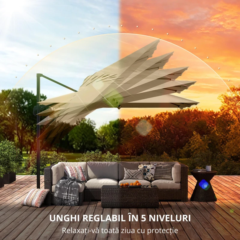 Outsunny Umbrelă cu stâlp lateral pătrată 3 x 3 m, umbrelă de grădină pentru exterior, rotire 360°, înclinabilă 5 poziții, bază în cruce, kaki