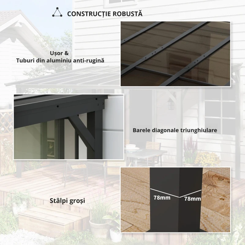Outsunny Pergolă metalică 3 x 3 m, pergolă de grădină cu acoperiș impermeabil, independentă, rezistentă la vânt, rezistentă la UV, Gri închis