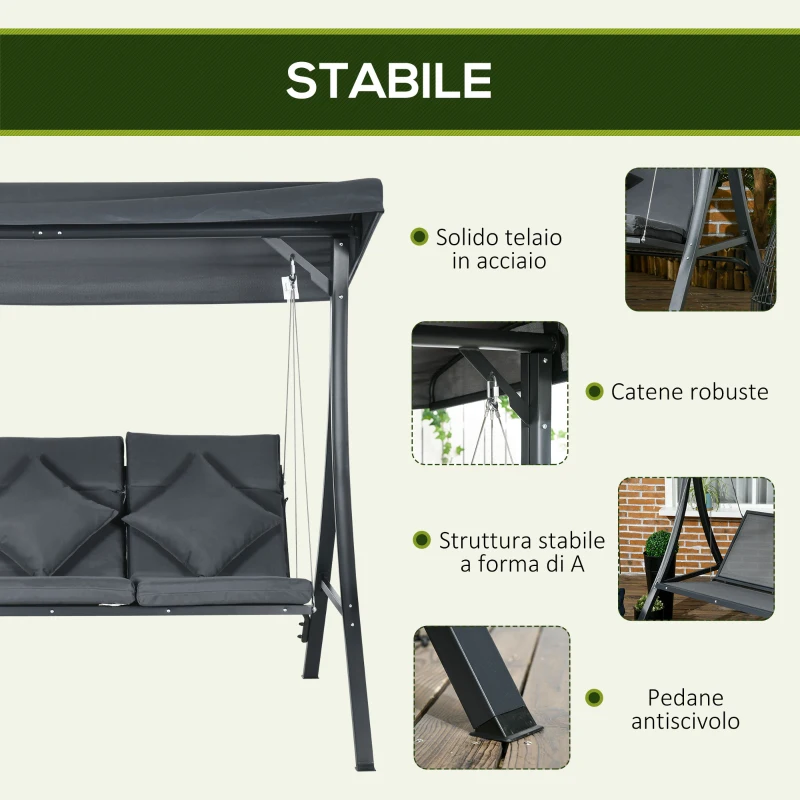 Outsunny Dondolo da Giardino 3 Posti con Tettuccio Regolabile, in Acciaio e Poliestere, 202x115x168 cm, Grigio Scuro
