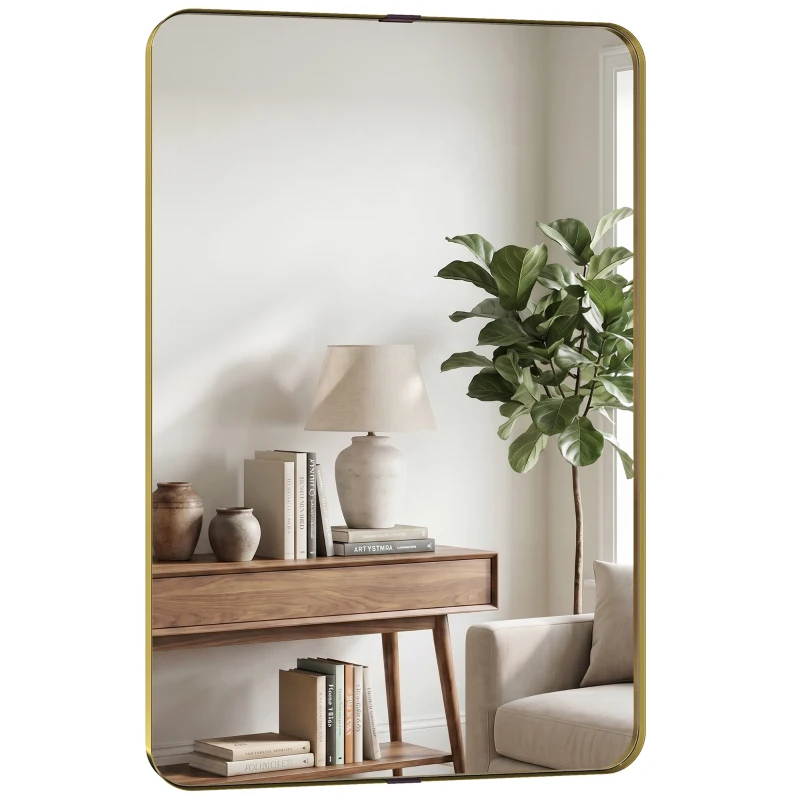 HOMCOM Rectangular Wall Mirror, 90 x 60 cm Wall Mounted Bathroom Mirror w/ Aluminium Alloy Frame and Tempered Glass, Gold Tone
