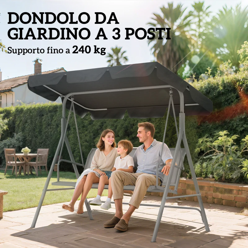 Outsunny Dondolo da Giardino a 3 Posti in Metallo con Tetto Parasole Rimovibile, 171x108x154 cm, Grigio scuro