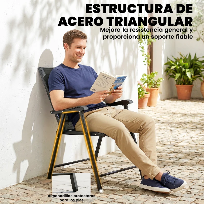 Outsunny Conjunto de 4 Sillas de Jardín Exterior Plegables con Respaldo Alto y Reposabrazos para Terraza Playa 58x62x97 cm Negro