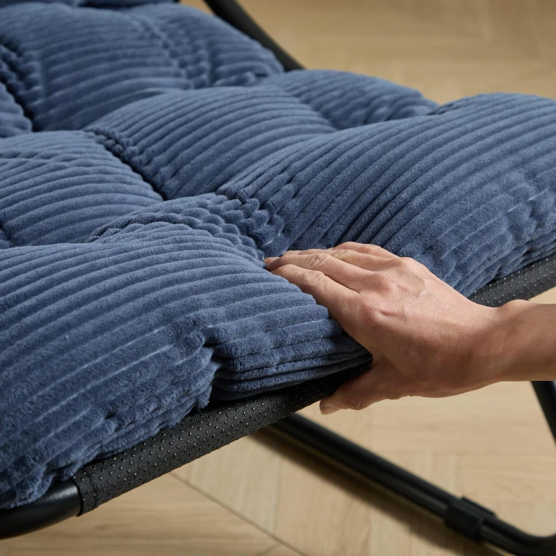 Fauteuil lounge d'extérieur avec pouf, coussin rembourré, tissu sling, structure en acier, Bleu marine