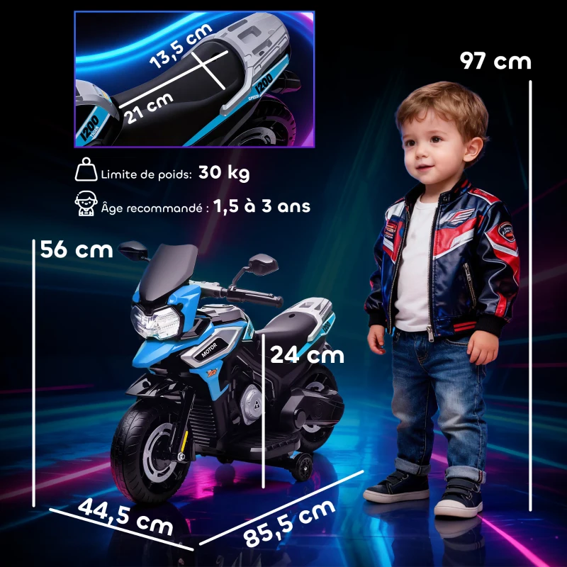 AIYAPLAY Moto électrique enfants 6 V, voiture électrique enfants avec roues d'entraînement, musique, effets lumineux, bleu