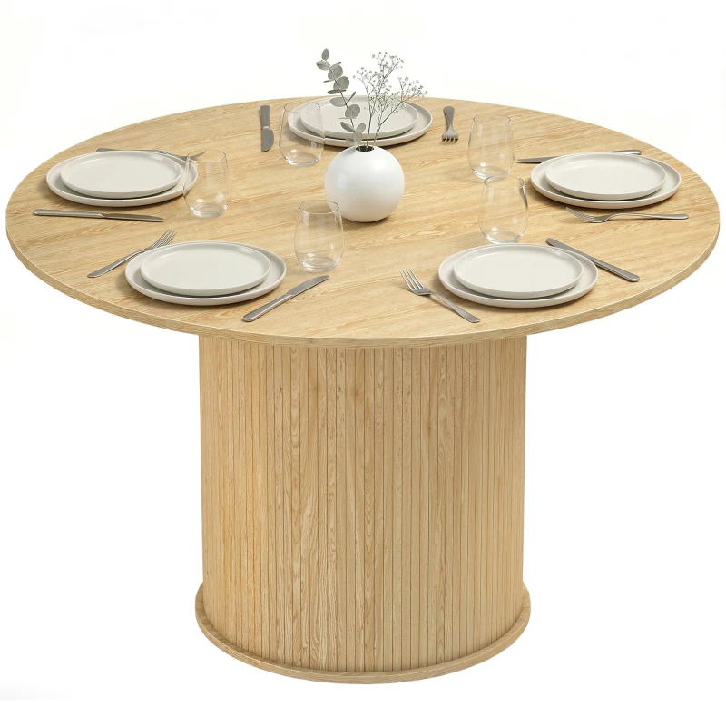 HOMCOM Table à manger ronde pour 4-6 personnes, Ø 120 x 75 cm, table de cuisine avec base cylindrique cannelée, bois naturel