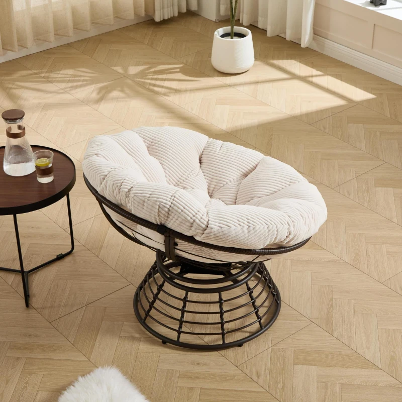 Fauteuil Papasan, pivotant à 360°, coussin épais(velours côtelé), cadre en acier, 92x92x67 cm, Blanc